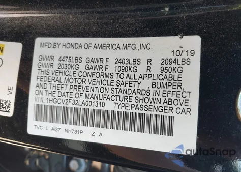 2020 Honda Accord Sport 2.0T z USA, uszkodzony, nr VIN 1HGCV2F32LA001310